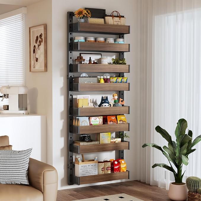 8 Tier Over the Door Pantry Organizer with Adjustable Wooden Baskets, Heavy Duty 2 in 1 Wall Mounted & Hanging Spice Rack for Kitchen, Cabinet and Closet Organization - Image 5
