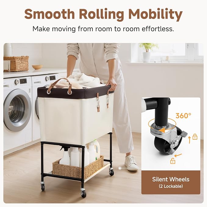 StorageWorks Laundry Cart, 2 Tier Rolling Basket with Wheels, 29 Gal, Beige - Image 4