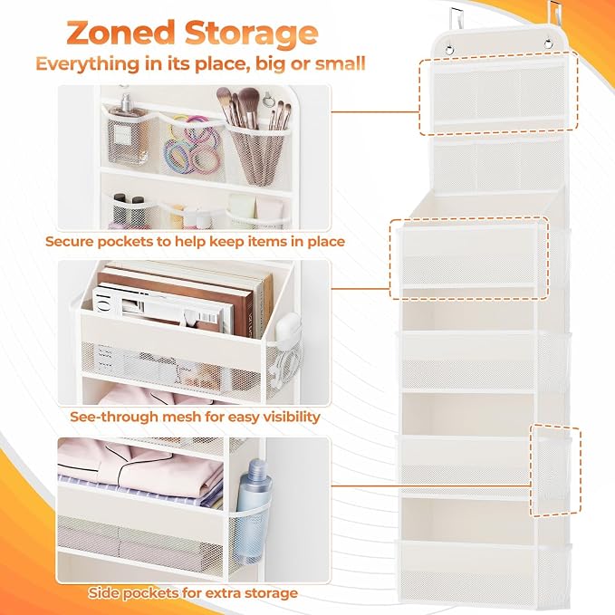 SpaceHacks 6-Tier Over the Door Organizer with Mesh Pockets, Baby Nursery Storage for Closet, Bathroom and Bedroom, Adjustable Hanging Closet Organizer for Cosmetics, Books and Essentials (Beige) - Image 3