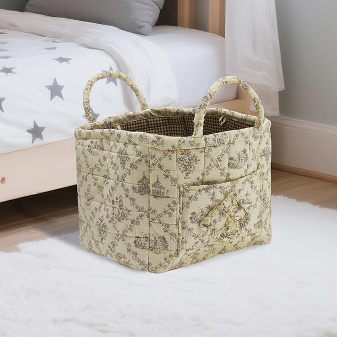 Quilted Fabric Storage Basket with Handles & Pocket, Foldable Laundry Hamper Boho Floral Print Organizer Bin for Home, Picnic, Office 12"x10"x10" (B-1) - Image 7