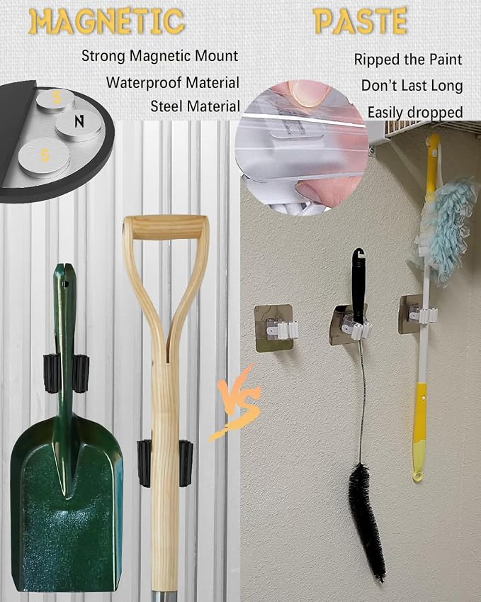 Magnetic Broom Holder, Steel Mop Mount No Drilling Magnetic Holder for Garage Tools, Anti-Slip Utility Mount for Garage, Kitchen, Laundry Tools Organizer and Management - 5 Pack/Black - Image 3