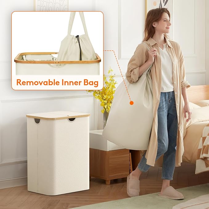 Lifewit 150L Large Laundry Basket with Lid, 2 Removable Bags, White - Image 3