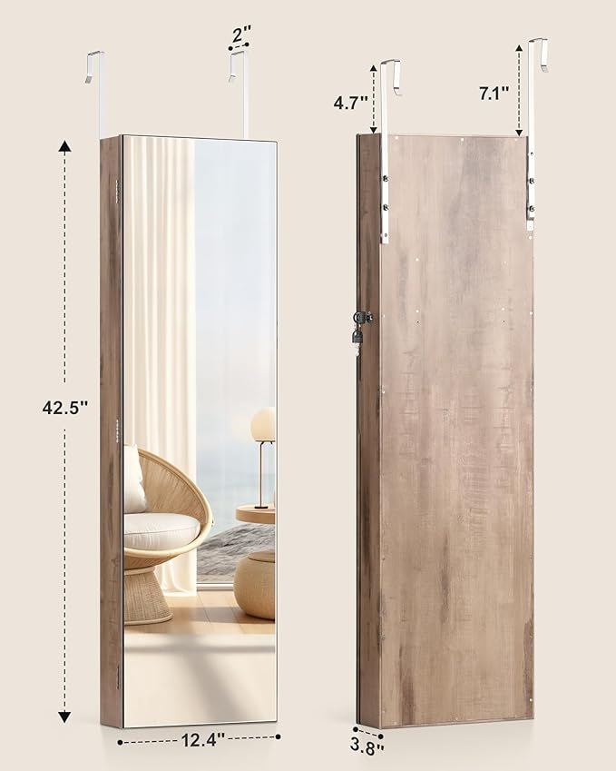 Nicetree Mirror Jewelry Cabinet, Full Length Mirror, Wall Mounted, Oak - Image 7