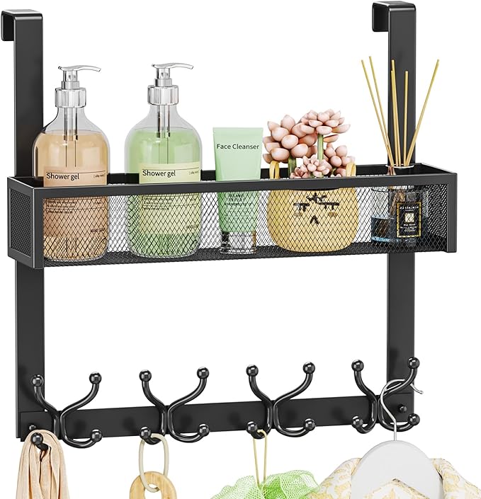 SWTYMIKI Over The Door Hook with 16 Hooks & Mesh Baskets - Heavy Duty Over The Door Organizer Hanger for Towels, Coats, Clothes - Space Saving Hanging Rack for Bathroom, Living Room, Black by SwtyMiki-TidyHomeSweetLife