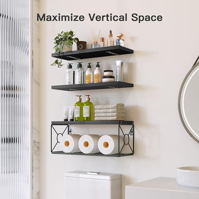 Amada Bathroom Shelves with Storage Basket, Set of 3, Black - Image 2
