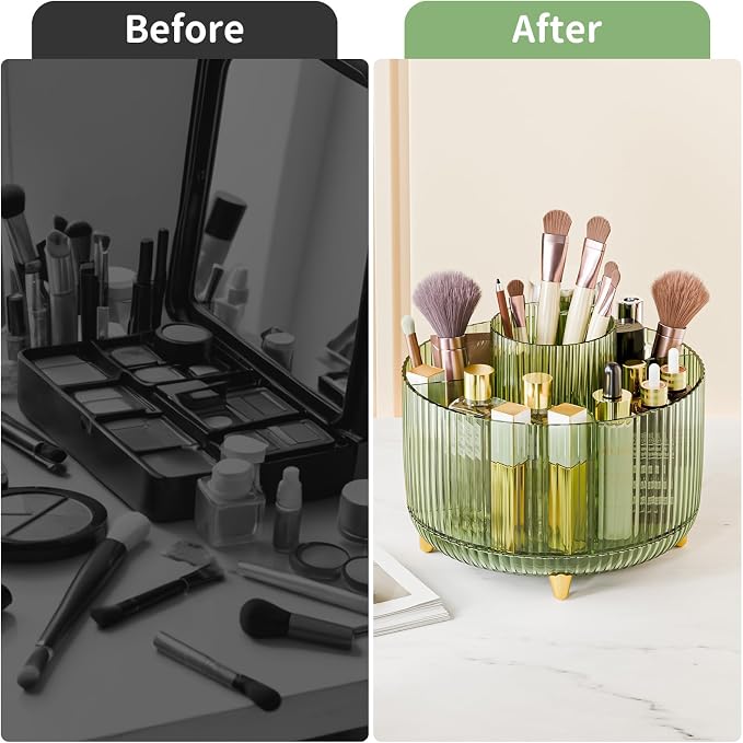 fanado 360° Rotate Makeup Brush Holder Organizer, Makeup Organizers Countertop, Makeup organization and Skincare Storage for Vanity, Desktop, Bathroom (Clear Green) - Image 6