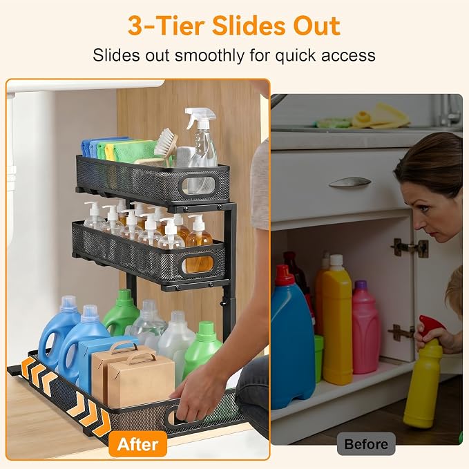 3 Tier Adjustable Under Sink Organizer for Bathroom & Kitchen(2Pack, Black) - Image 7
