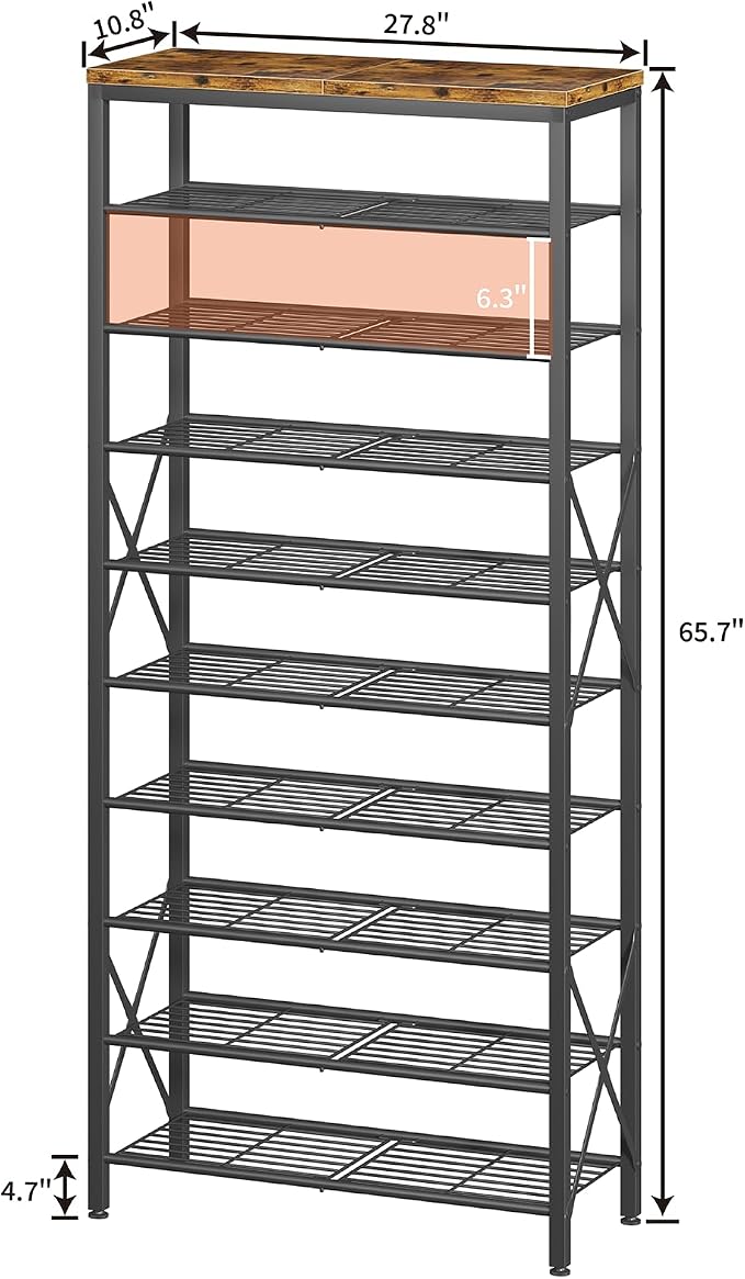 10-Tier Shoe Rack Holds 40 Pairs, Space Saving Shoe Organizer for Entryway Closet Apartment, Industrial Metal Shoe Shelf with Wooden Top, Rustic Brown - Image 3