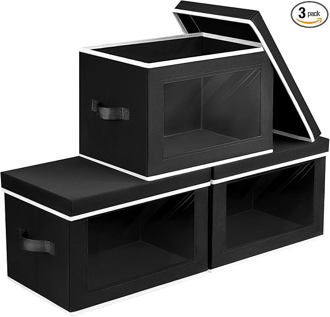 Homsorout Storage Boxes with Lids, Collapsible Storage Bins with Handles, Closet Storage Baskets with Window, Fabric Storage Containers for Organizing Clothes, Towels, Books, 3 Packs, Black by Homsorout