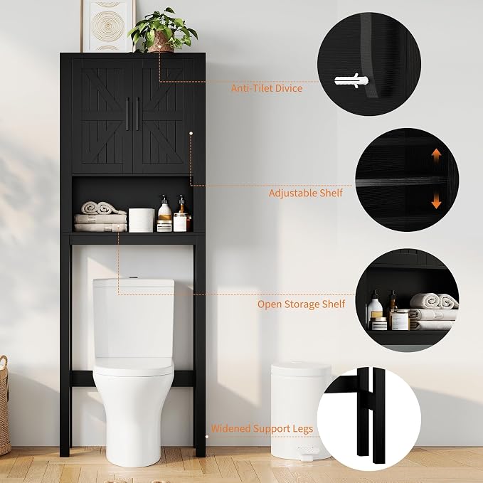 GarveeTech Over the Toilet Cabinet, Double Door Bathroom Storage Organizer, Toilet Rack with Open Storage Shelf, FreeStanding Toilet Shelf Space Saver, for Bathroom, Restroom, Laundry - Image 7