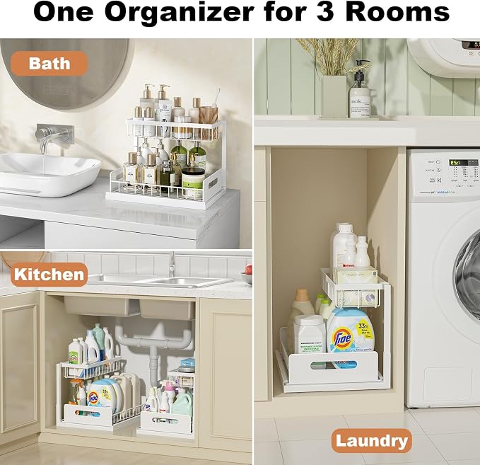 REALINN Under Sink Organizer, L-Shaped 2 Tier Pull Out Cabinet Organizer - Image 3