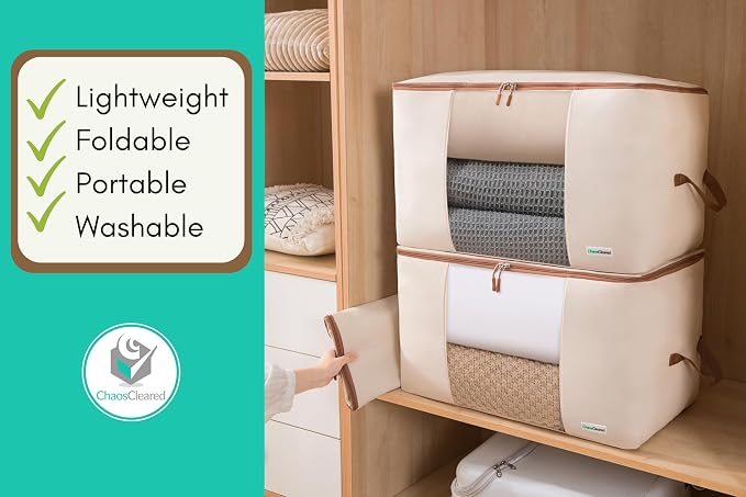 Chaos Cleared Canvas Storage Bags Designer Organizer for Comforters 2 Pack – Seasonal Storage for Pillows, Blankets, Linens & Garments – Foldable Design with Zip & Window, Moth-Proof Space Saver - Image 6