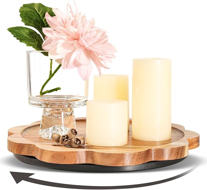 WLWNWFT Lazy Susan Turntable Organizer 10in, Acacia Wood Flower Shape Rotating Tray Candle Decoration Tray Centerpiece for Coffee Table, Candle Holder Display, Spice Rack, Pantry Organiser by WLWNWFT