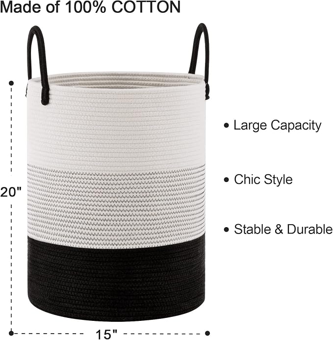 Woven Rope Laundry Hamper Basket by YOUDENOVA, Tall Luandry Basket, Baby Nursery Hamper for Blanket Storage, Clothes Hamper for Laundry in Bedroom-Large-(Dark White, 58L) - Image 3