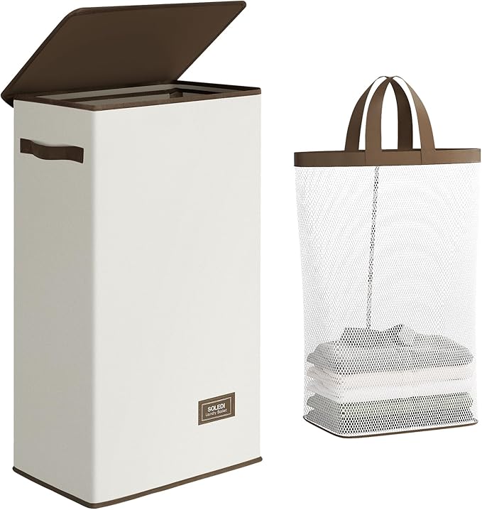 SOLEDI Slim Laundry Basket with Lid, Narrow Laundry Hamper for Small Space by SOLEDI