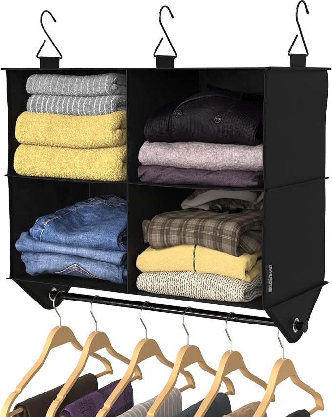 ClosetMaid 4-Shelf Fabric Hanging Closet Organizer with Garment Rod for Shirts, Sweaters, Pants, Hats, Shoes, Purses with Charcoal Black Finish - Image 10
