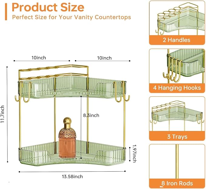 2-Tier Corner Bathroom Counter Organizer，Makeup & Skincare Shelf with Built-in Brush Holder，Space-Saving Bathroom Countertop Organizer for Skincare, Perfume, Cosmetics(Green) - Image 2
