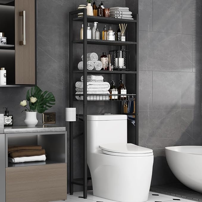 Kalrin Over-The-Toilet Storage Rack, 4-Tier Bathroom Organizer Shelf Over Toilet with Adjustable Shelf and Basket, Freestanding Space Saver Bathroom Shelves Above Toilet for Room (Pure Black) by Kalrin