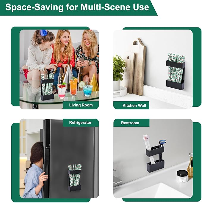 2 PACK Small Acrylic Straw Holder for Cabinet Doors，Straw Organizer Storage with Most Sizes，Multi-Function Kitchen Accessories Container with Adhesive Round Pads(black) - Image 4