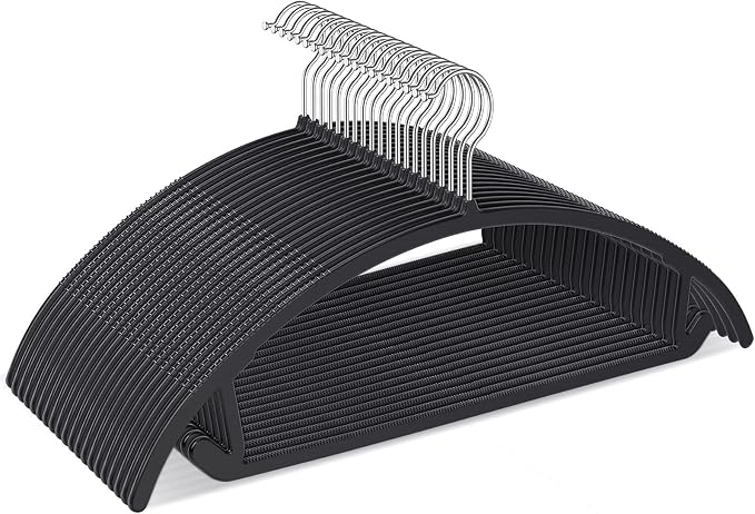 Ergonomic Curved Plastic Hangers 50 Pack No-Bump Black, Heavy Duty by TIMMY