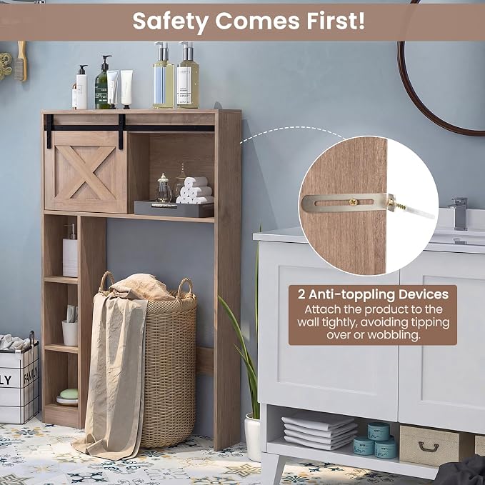 GIANTEX Over The Toilet Storage Cabinet - Freestanding Bathroom Organizer with Sliding Barn Door & Storage Shelves, Multifunctional Bathroom Toilet Rack for Bathroom, Restroom, Laundry (Rustic Brown) - Image 7