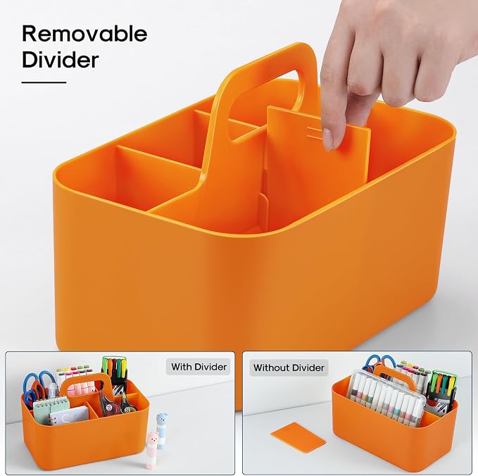 Multiuse Caddy Organizer with Handle, Portable Divided Plastic Tote Bin - Art Craft, Stationary Pen Marker Crayon, Makeup Hair Supplies Storage - Bathroom, Classroom, Dorm, Office, Desk Holder -Orange - Image 6