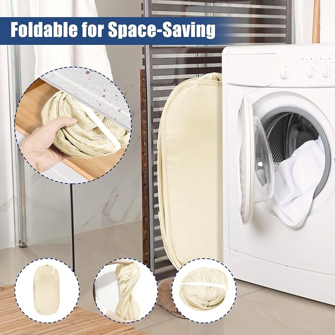 Collapsible Laundry Baskets, Upgrade Pop Up Laundry Hamper with Convenient Bags, Foldable Laundry Basket Mesh Light Weight, Easy to Carry Clothes Hampers for Laundry, Dorm, Toys, Travel Beige - Image 3