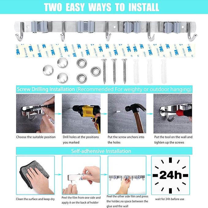 Broom Mop Holder Wall Mount Tool Hanger Organizer (4 Racks 5 Hooks) - Image 4