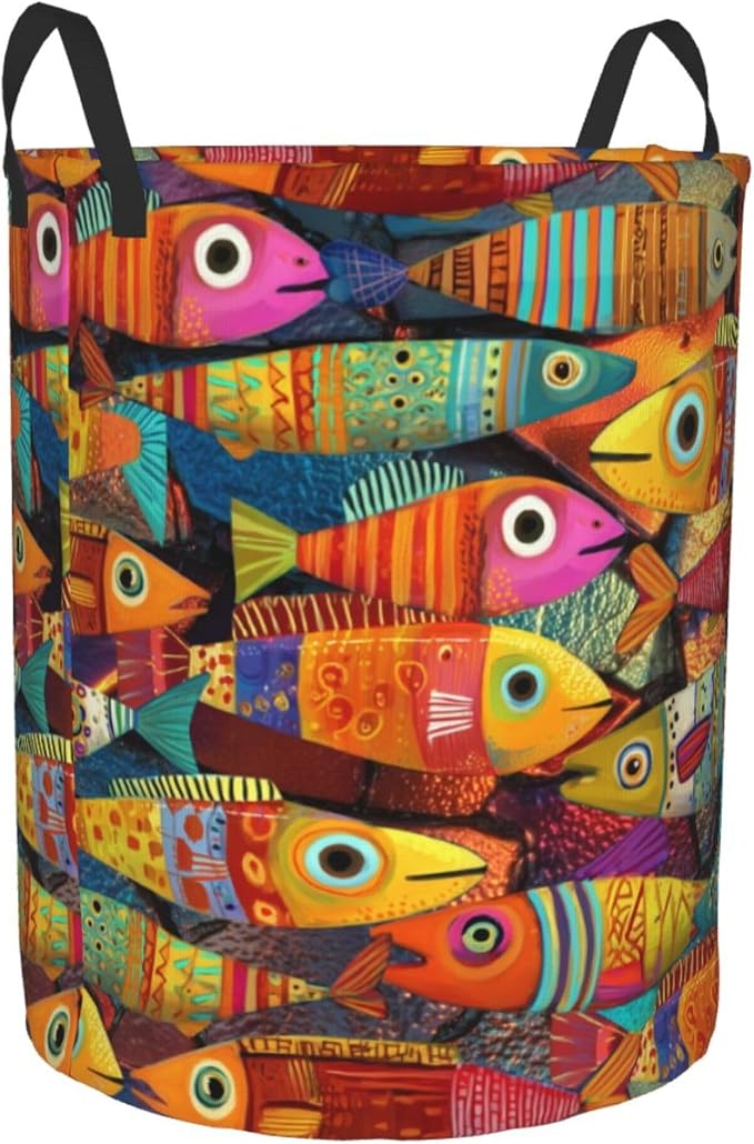 Colorful Fish Laundry Basket Foldable Laundry Hamper With Handles Clothes Storage Bucket Organizer Laundry Bag For Bedroom Bathroom Laundry Storage 19.6 x 15.7 - Image 9