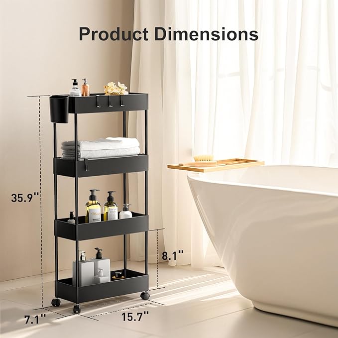 Pipishell 4 Tier Slim Storage Cart with Wheels, Laundry Cart, Black - Image 8