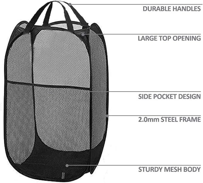 2 Packs Mesh Pop up Laundry Hamper (Black) with Portable Handles, Collapsible for Storage, Foldable Pop-Up Laundry Bags for Home, College Dorm or Travel - Image 8
