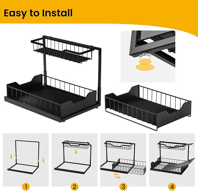 3 Pack, Under Sink Organizer 2-Tier with Slide Out Lower Drawer - Metal Pull Out Cabinet Organizer for Kitchen Bathroom, Includes Removable Center Basket & Storage Shelves, Space Saving Design - Image 7