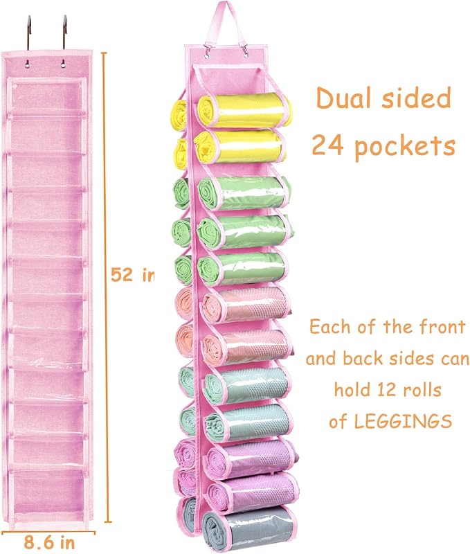 Legging Storage Bag Storage Hanger Can Holds 24 Leggings or Shirts Jeans Compartment Storage Hanger, Foldable Leggings Organizer Clothes Portable Closets Roll Holder (Pink) - Image 2
