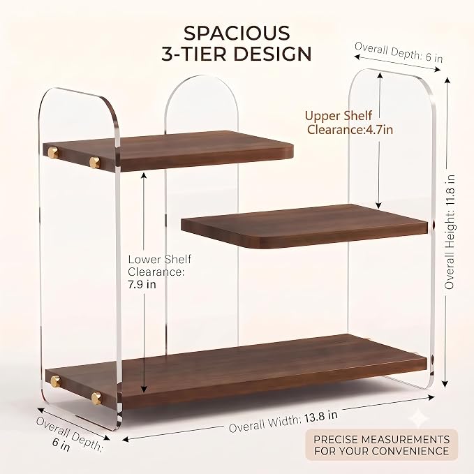 3-Tier Acrylic & Wood Bathroom Vanity Countertop Organizer Shelf - Image 2
