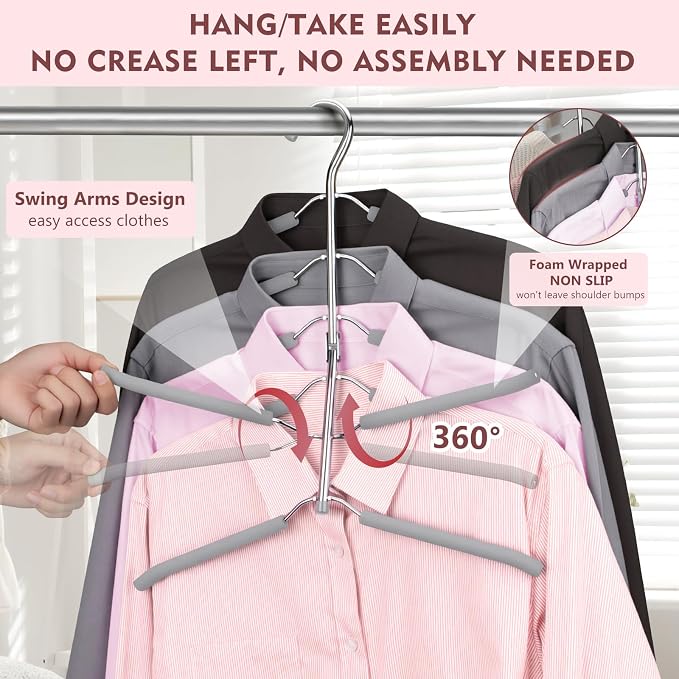 Space Saving Clothes Hangers,6 Tier Non Slip Shirt Hangers Closet Organizer | Space Saving Coat Hanger with Foam Padding,Closet Organizers and Storage for Shirts, Sweaters, Jackets, 3 Pack, Gray - Image 2
