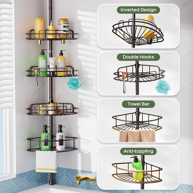 HAMITOR Corner Shower Caddy Tension Pole: No-Drill Rustproof Bathroom Shelf - Image 5