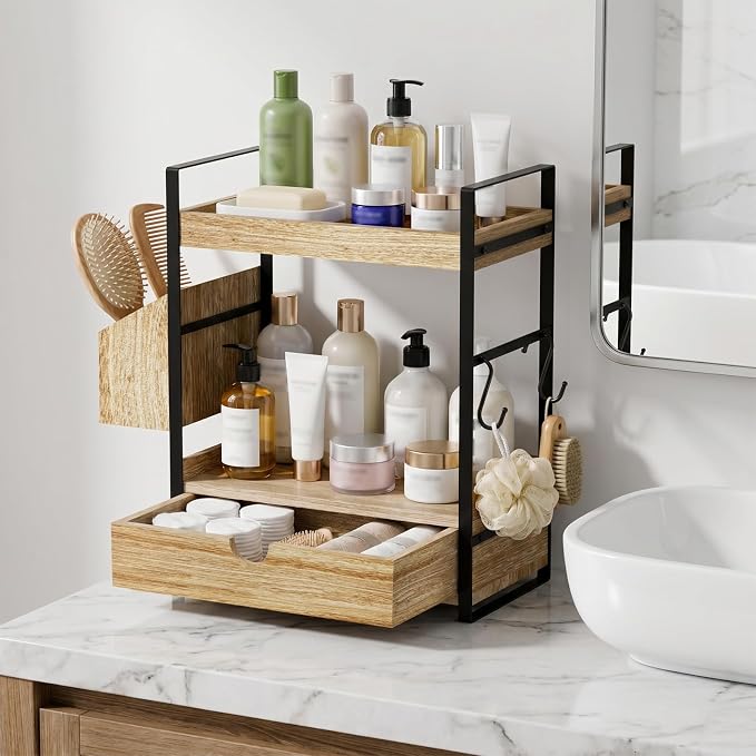 Kottwca 2-Tier Bathroom Counter Organizer with Drawer, Wooden Vanity Shelf - Image 2
