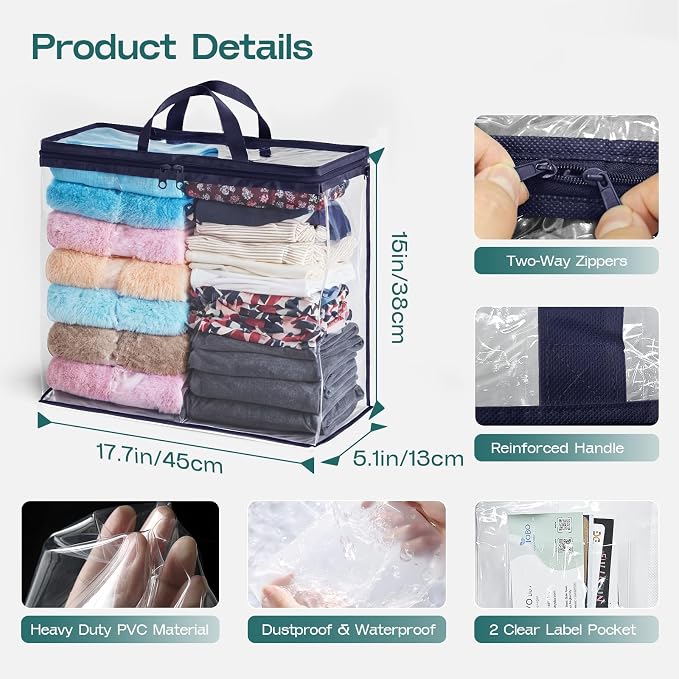 10 Pack Clear Storage Bags for Clothes, 22L Blanket Storage Bags, Under Bed Storage, Closet Organizers Bag, Upgraded Version Two-Way Zippers Design(Navy Blue) - Image 2