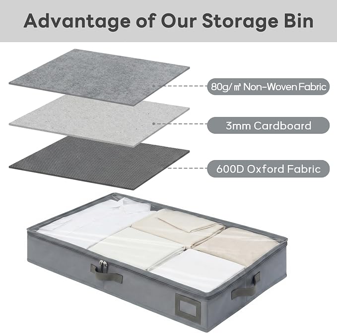 6" Versatile Under Bed Storage Bins (3-Pack, Charcoal Grey), Sturdy 600D Oxford Fabric Clothes Organizer Containers with Matching Vegan Leather Handles for Sweaters, Linens & Bedding - Image 4