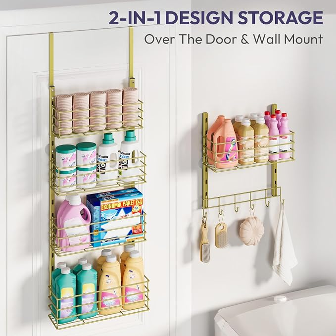 SWTYMIKI Over The Door Organizer - Door Organizer Hanging with 5 Adjustable Metal Large Capacity Basket and 6 Coat Hook, Wall Mounted Shelf for Bedroom Closet Bathroom Laundry Pantry Cabinet Kitchen - Image 5