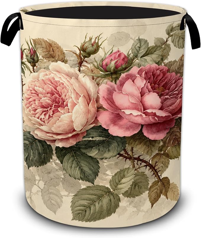 Vintage Peony Flower Laundry Basket,Foldable Oxford Laundry Hamper with Handles,Collapsible Clothes Storage Bucket Tote Bag for Laundry Room,Bathroom,Bedroom,Dorm by UIUPRO