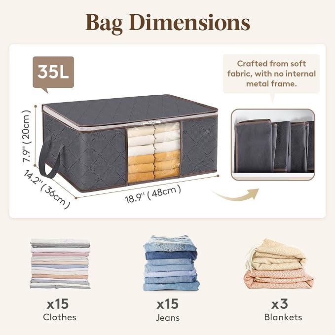 Lifewit 8 Pack 35L Clothes Storage Bins with Lids, Foldable Blanket Storage Bags with Zippers, Clear Window and Reinforced Handles, Closet and Organization for Clothing, Sweater, Comforter, Bedding - Image 2