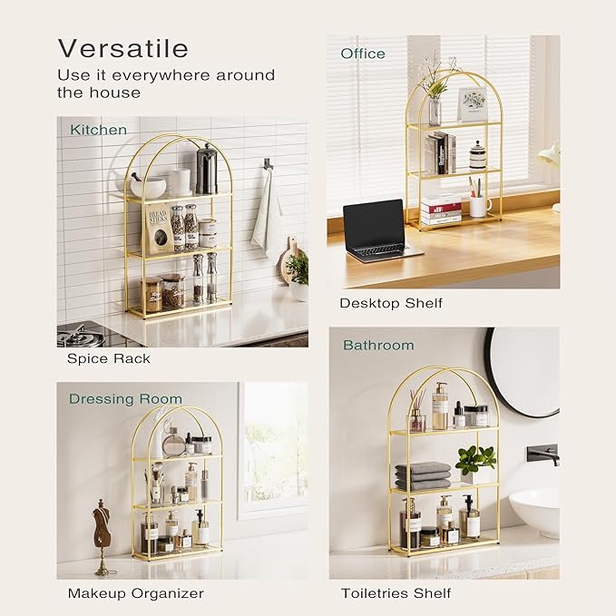 Crofy 3-Tier Arched Wall Shelf with Gold Frame & Transparent Shelves - Image 6