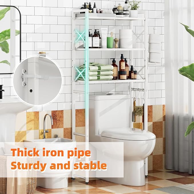 Simple Trending Over The Toilet Storage Rack with Toilet Paper Holder, Heavy Duty Metal 3 Tier Bathroom Organizer Shelf with 3 Hooks, White - Image 5
