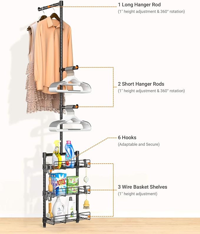Laundry Room Shelves - Over the Washer and Dryer Storage Shelf, Laundry Hanging Rod with Basket and Hanger Organizer for Laundry Room Organization - Image 4