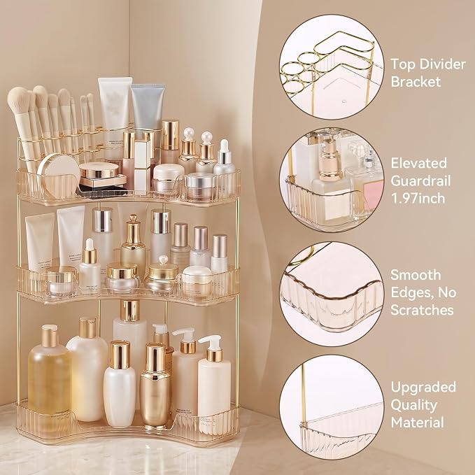 3-Tier Corner Bathroom Counter Organizer with Makeup Brush Holder, Gold - Image 5