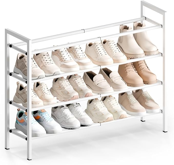 Bumusty 4 Tier Expandable Shoe Rack for Closet, White | 18"-33" Adjustable Shoe Rack for Entryway, Small Shoe Organizer for Dorm, Front Door, Sturdy Metal by BUMUSTY