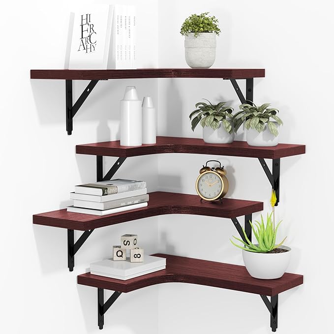 ROMGUAR CRAFT Corner Floating Shelves Wall Mounted Set of 4, Rustic Wood Storage Display Shelves for Home Decor, Bathroom, Kitchen, Bedroom, Living Room, Office (Red) by ROMGUAR+CRAFT