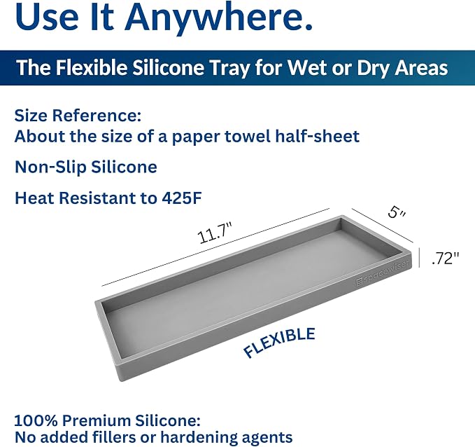 Spacewiser Countertop and Vanity Tray - 11.7" Silicone Bathroom Counter Tray, Dish Soap Trays for Kitchen Counter, Sink Organizer Caddy Accessories, Drawer Toilet Plant Shower Makeup Mat Oil Holder - Image 3
