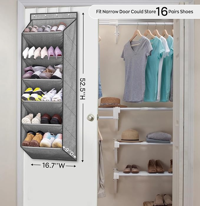 SLEEPING LAMB Over The Door Shoe Organizer for Closet with Large Deep Pockets, Narrow Shoe Rack for Door Hanging Boots Storage, Grey - Image 2